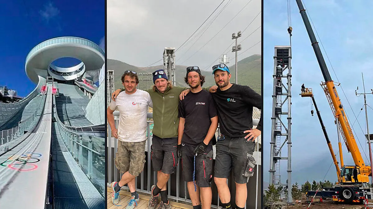 Markus Peiner (MSP), Sebastian Spatzek und Philipp Hopfgartner (Alpina) und Georg Landsmann (SIL, von links) sorgten für den Windschutz bei der Skisprungschanze für die Olympischen Spiele in China