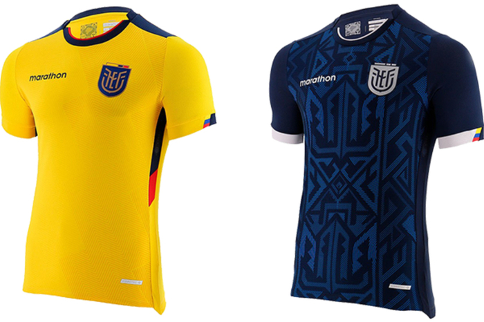 Für Ecuador stellt Marathon das Trikot zur Verfügung. Die Seiten werden geprägt von den Farben der Landesflagge - gelb, blau und rot. Auf der Rückseite befindet sich unterhalb des Kragens die Landkarte. Das Auswärtstrikot wird in verschiedenen Blautönen gehalten, mit geometrischer Musterung.