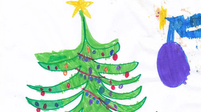 1. Dezember: Die siebenjährige Jasmin Mikusch aus Frantschach-St. Gertraud hat sich die Adventszeit mit Malen verkürzt. Sie hat einen bunt dekorierten Christbaum und das heranfliegende Christkind gezeichnet. Natürlich darf der Sack voller Geschenke nicht fehlen.