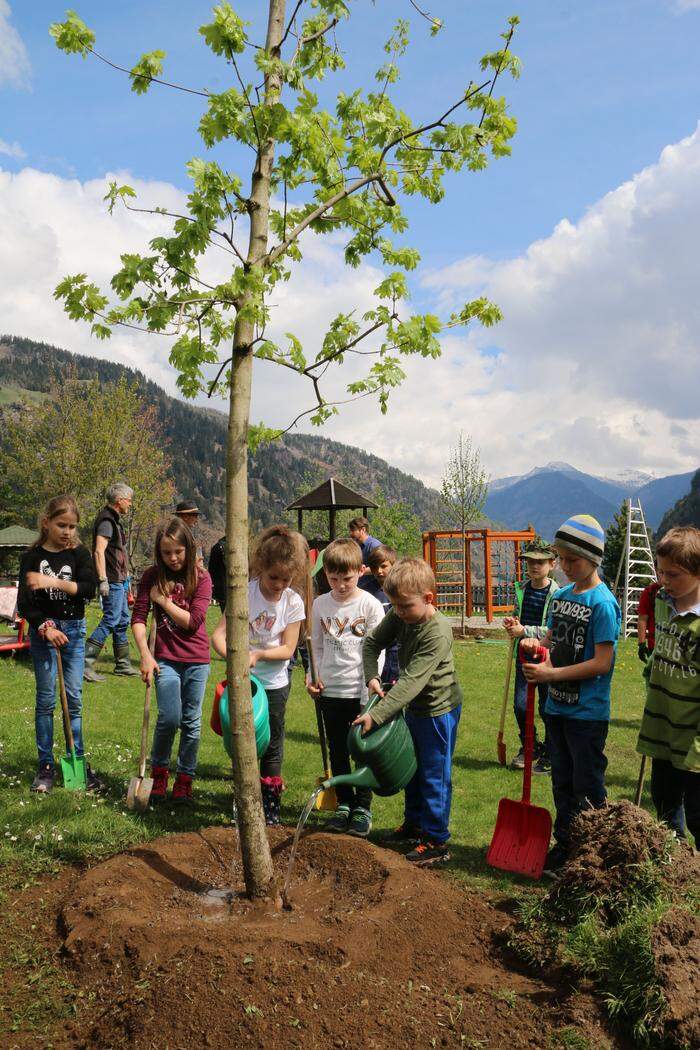 Bei der Baumpflanzaktion konnten die Winklerner Schüler den Spielplatz selbst mitgestalten