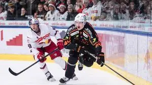 SALZBURG,AUSTRIA,21.DEC.25 - ICE HOCKEY - ICE Hockey League, EC Red Bull Salzburg vs Graz 99ers. Image shows Lucas Thaler (EC RBS) and Anders Koch (99ers).
Photo: GEPA pictures/ Julio Arellano