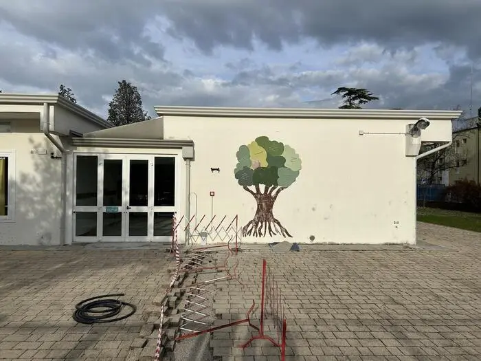 Schulhaus mit einem aufgemalten Baum