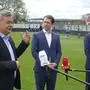 Werner Kogler, Sebastian Kurz und Hermann Schützenhöfer im Hartberger Stadion