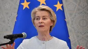 European Commission President Ursula von der Leyen speaks during a joint press conference with European Council President during the EU-Central Asia summit in Samarkand on April 4, 2025. Top EU leaders are in Uzbekistan for a major summit with the heads of five Central Asian states, seeking to press their influence and boost ties in the face of Russian and Chinese competition. (Photo by VYACHESLAV OSELEDKO / AFP)