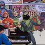 Superman spielt Klavier, die anderen singen Auld Lang Syne