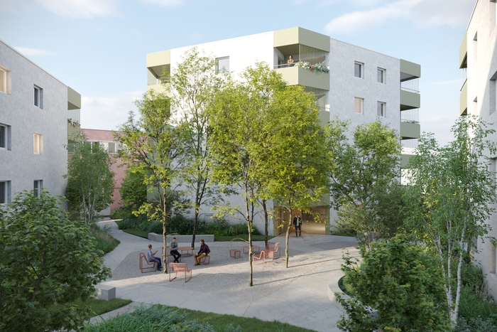 Zwischen den vier mehrgeschossigen Gebäuden soll ein begrünter Innenhof entstehen