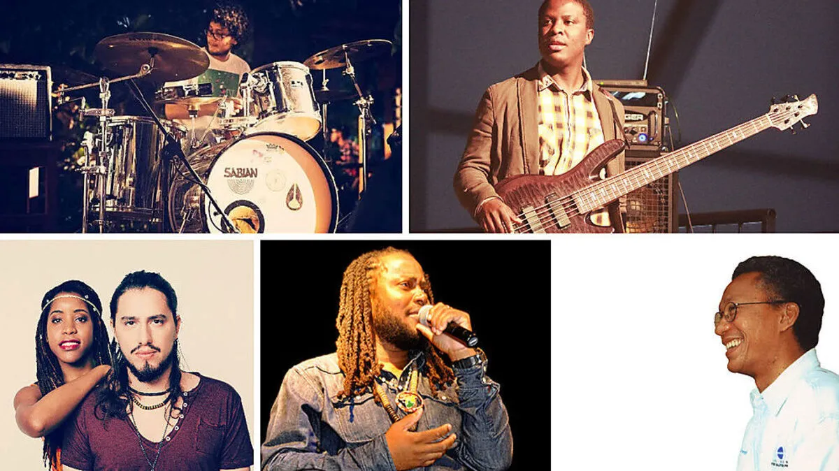 Jeremy Ashbourne (l.o.) und der musikalische Leiter Peter Ashbourne (u.r.), Alvis Reid (r.o.),Gabriella Reno und Samuele Vivian (l.u.) und Duane Stephenson   