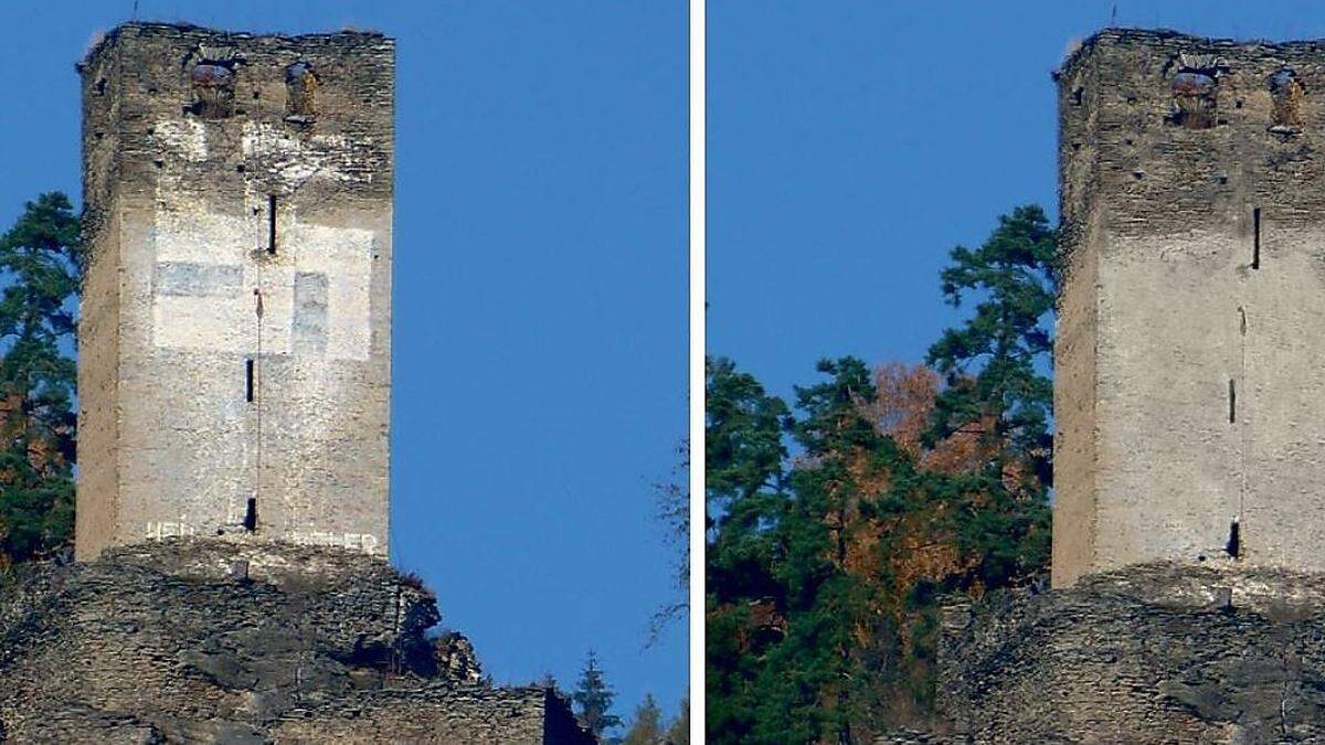 Vorher und nachher: Die Burgruine Hochkraig derzeit und wie sie nach der Übermalung aussehen wird