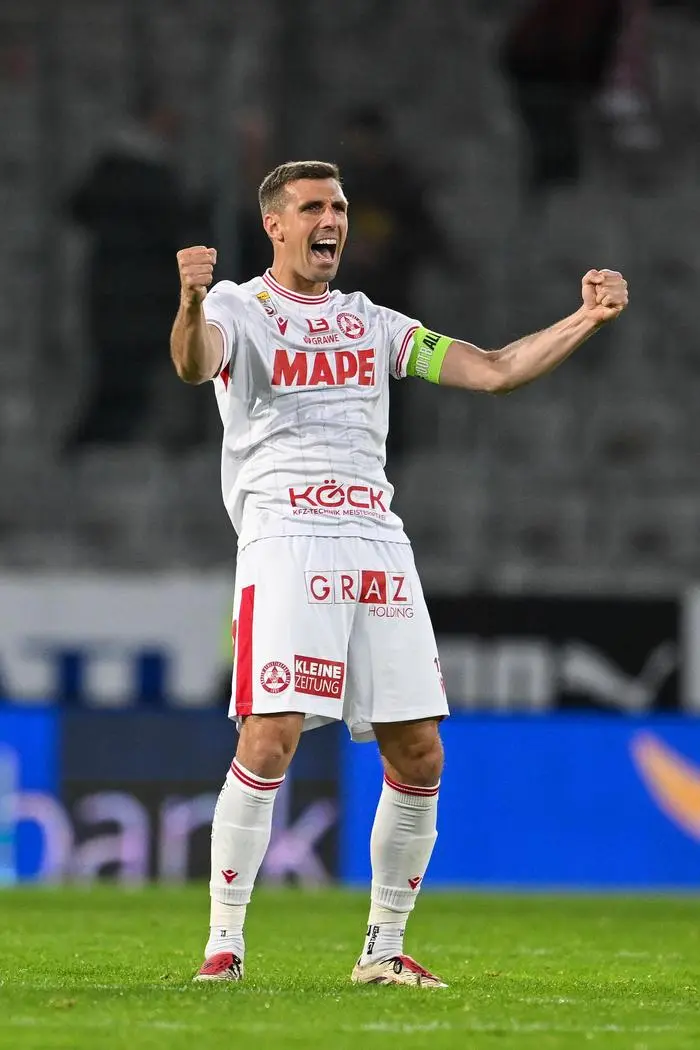 INNSBRUCK,AUSTRIA,23.MAY.25 - SOCCER - ADMIRAL Bundesliga, qualification group, WSG Tirol vs Grazer AK 1902. Image shows the rejoicing of Marco Perchtold (GAK).
Photo: GEPA pictures/ Daniel Schoenherr