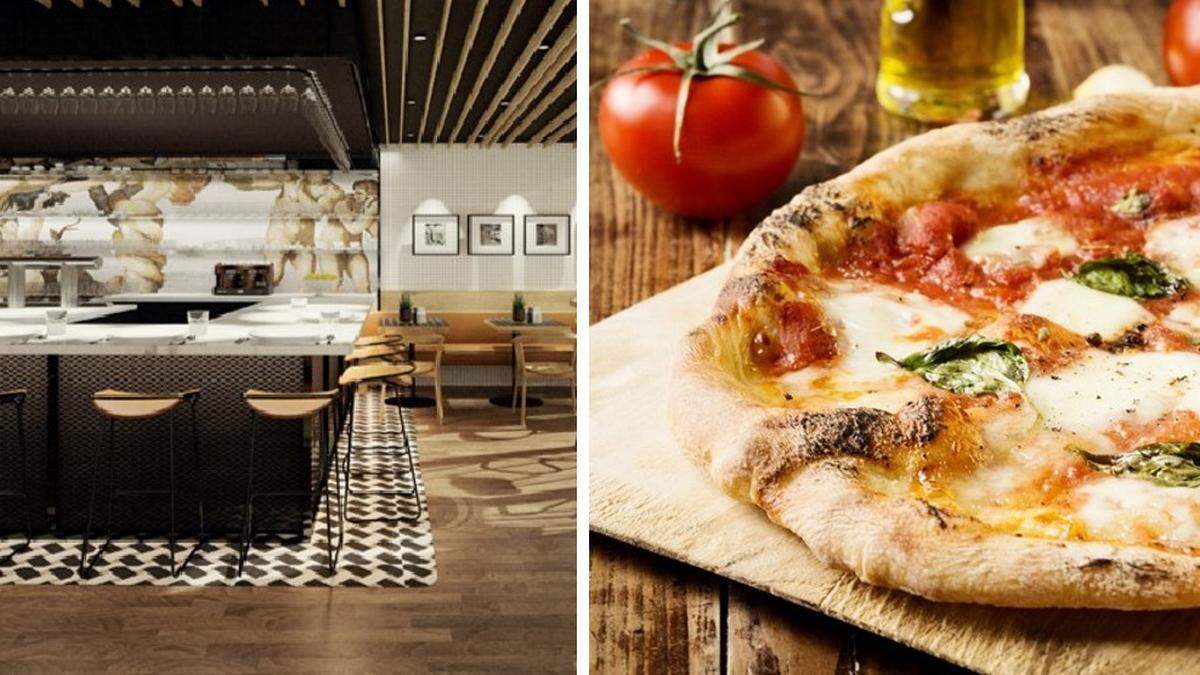 Die Pizza rechts ist ein Symbolfoto – links jedoch eine konkrete Vorschau, wie die Pizzeria Napo aussehen wird