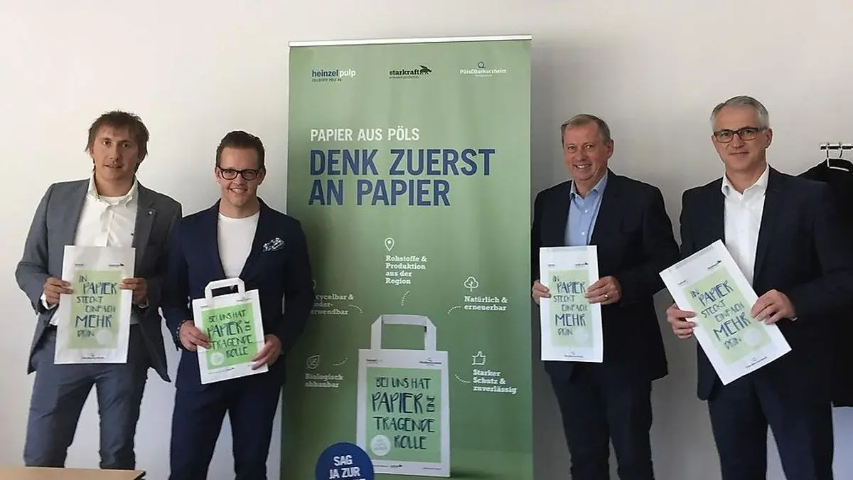 Stellten Projekt vor: Papiertechniker, Gemeinderat Christoph Lindermuth, Bürgermeister Gernot Esser, Managing Director Werner Hartmann und Andreas Rauscher, CEO der Zellstoff Pöls