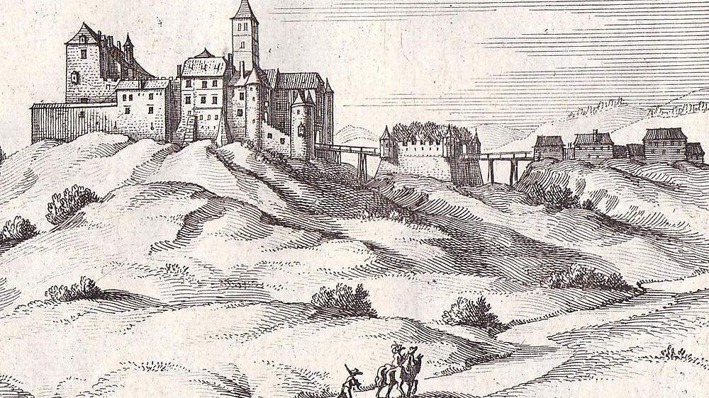 Ein Kupferstich um 1650: Derart mächtig war die Burg Schmirnberg einst, bevor sie zur Ruine verfiel