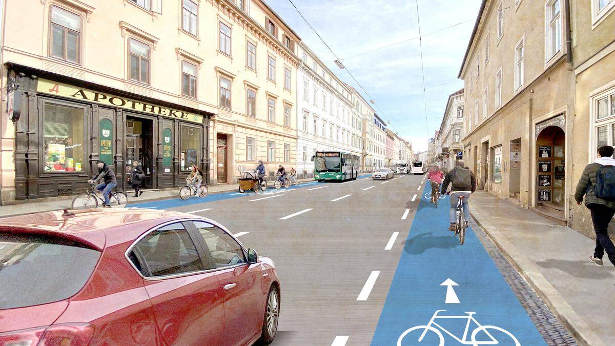Stadtauswärts wird in der Heinrichstraße ein Fahrradweg errichtet - dafür weichen die Parkplätze