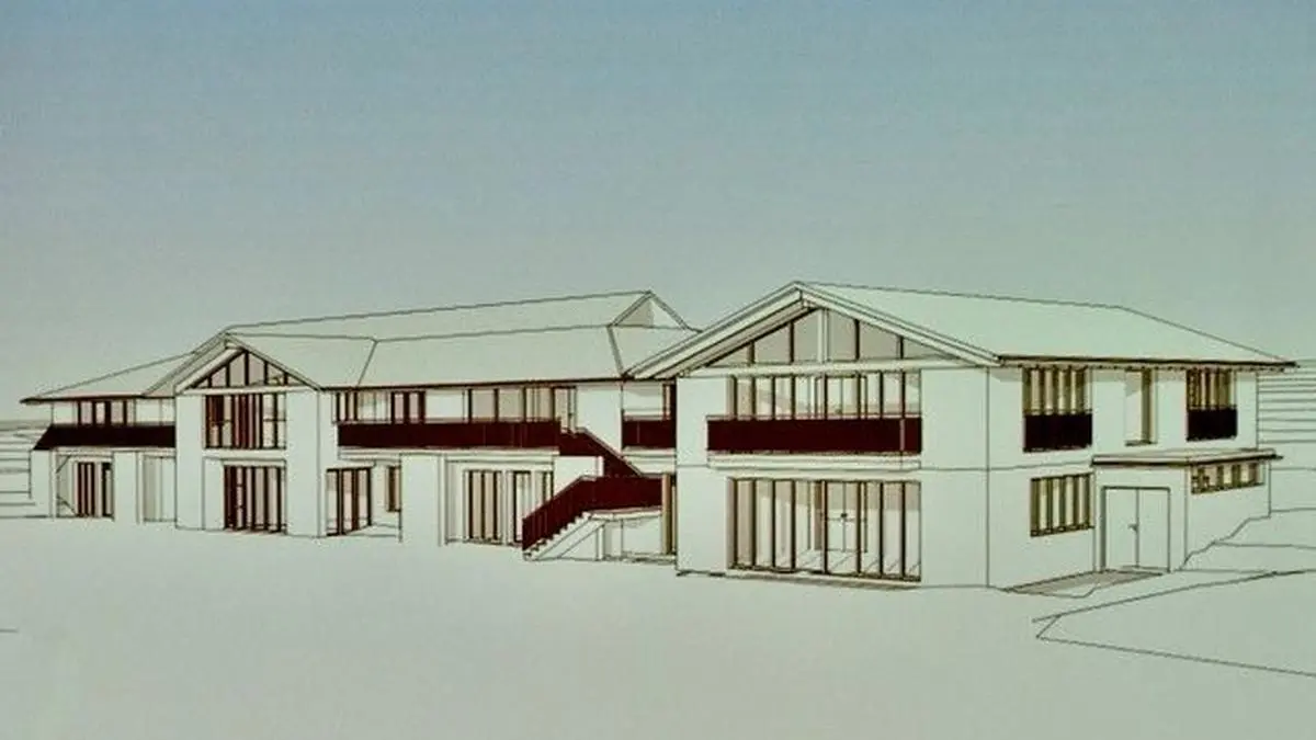 Am bereits bestehenden Baukörper wird der Zubau der Tagesbetreuungsstätte (rechts) angefügt (Skizze) 