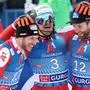GURGL,AUSTRIA,18.NOV.23 - ALPINE SKIING - FIS World Cup, slalom, men. Image shows the rejoicing of Michael Matt (AUT), Manuel Feller (AUT) and Marco Schwarz (AUT).
Photo: GEPA pictures/ Harald Steiner