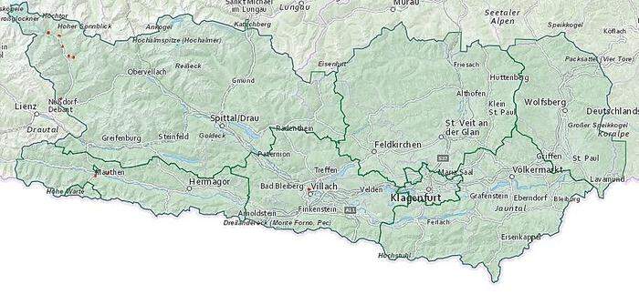 Aktuelle Stromausfälle in Kärnten (rot markiert)