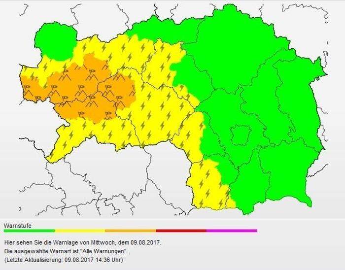 Für die westlichen Teile der Steiermark herrscht Wetterwarnung (gelb), in der Obersteiermark gibt es bereits "markantes Wetter" (orange)