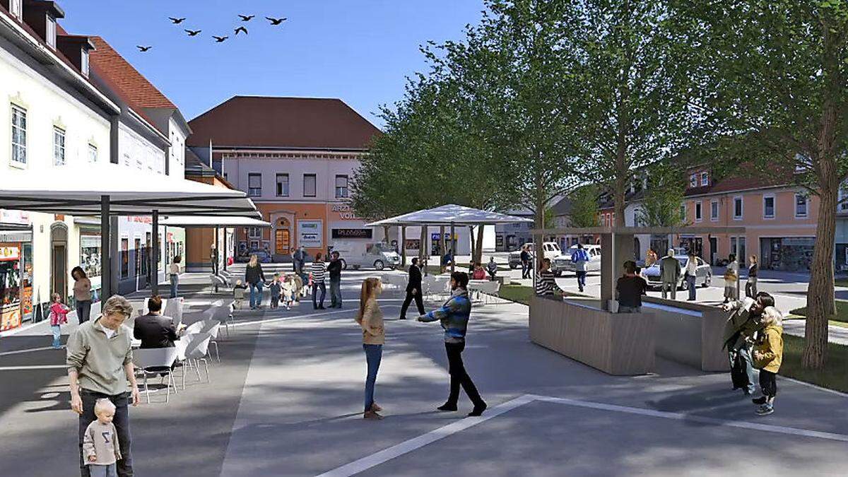 Zukünftig könnte die derzeitige Nebenfahrbahn am Voitsberger Hauptplatz zur Begegnungszone umfunktioniert werden