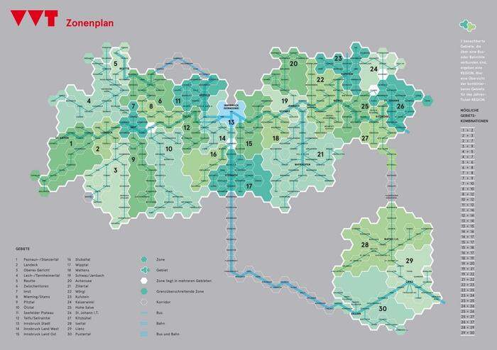 Zwei benachbarte Zonen ergeben eine Region. Osttirol ist in drei Zonen aufgeteilt. 