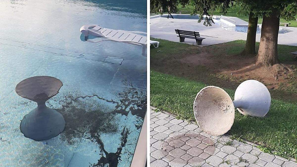 In der Nacht auf Dienstag wurden dabei Liegen und Aschenbecher ins Schwimmbecken geworfen