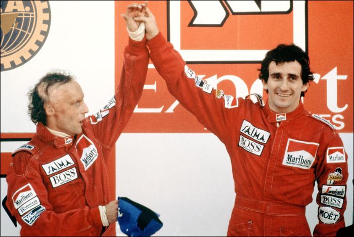 Niki Lauda (links) am 21. Oktober 1984 in Estoril mit Alain Prost