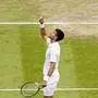 Serbia's Novak Djokovic celebrates after beating Italy's Jannik Sinner in a men's singles quarterfinal match on day nine of the Wimbledon tennis championships in London, Tuesday, July 5, 2022. (AP Photo/Alberto Pezzali)