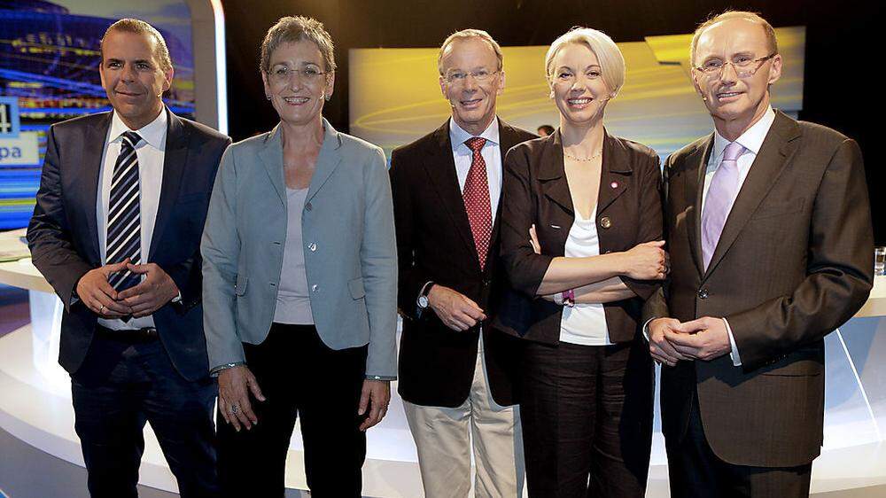 2014: die Kandidaten Vilimsky, Lunacek, Freund, Mlinar und Karas im ORF