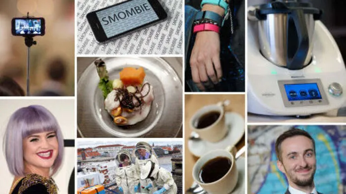 Was 2015 angesagt war: Die Bildkombo zeigt einen Selfie-Stick, Kelly Osbourne im Granny Hair-Look, 'Smombie', das Jugendwort des Jahres 2015, den Gastro-Trend Ceviche, des 'Urban Beekeeping', Fitness-Armbänder, ´Cold Brew»-Kaffee, den kochenden Mixer Thermomix und Jan Böhmermann 