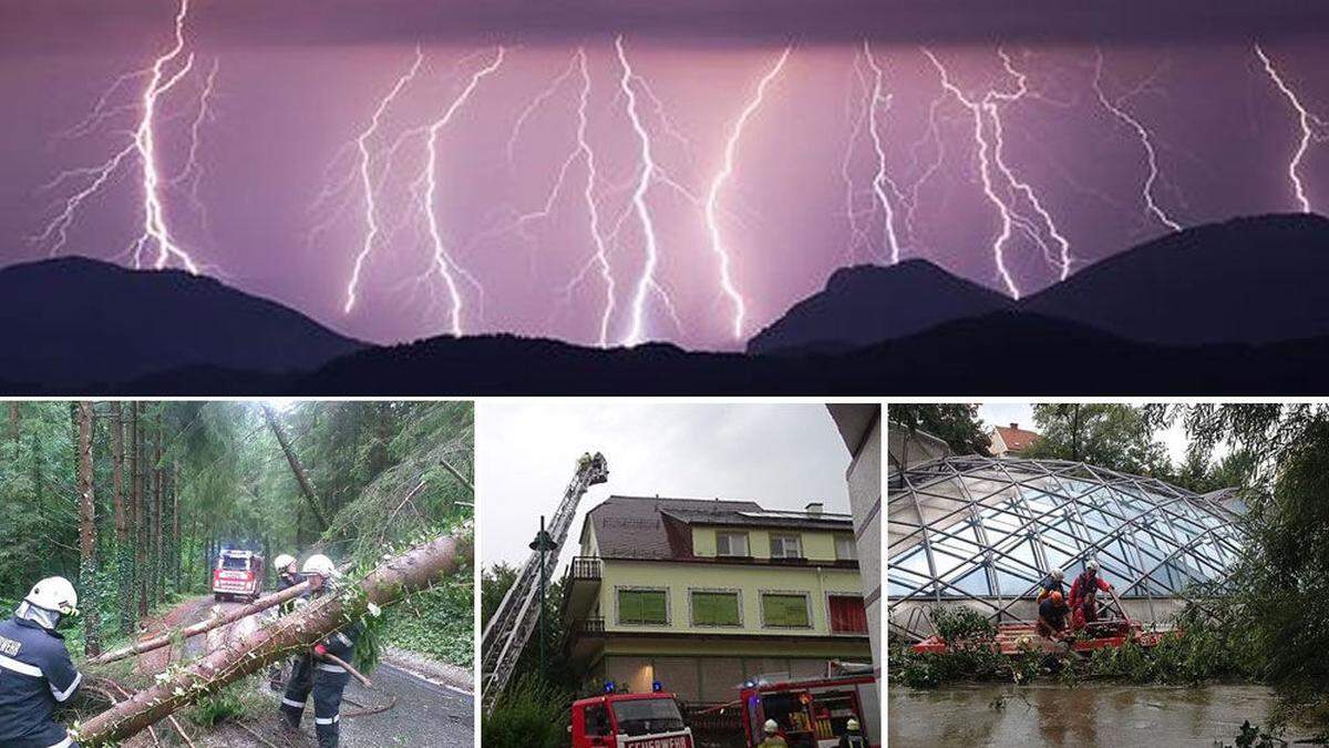 Das imposante Blitzfoto schoss Daniel Loretto Sonntagnacht am Schöckl. Unten: Feuerwehren Stiwoll,  Stubenberg, BF Graz im Einsatz