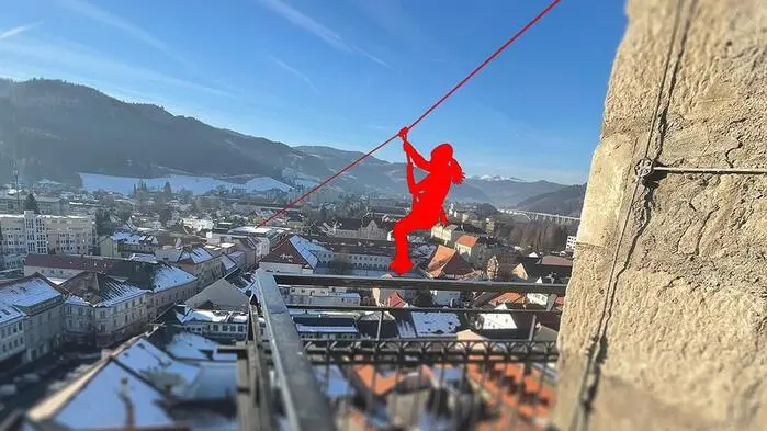 Vom Stadtturm auf das Flachdach des ehemaligen „Kastner & Öhler“-Kaufhauses soll die Zipline führen