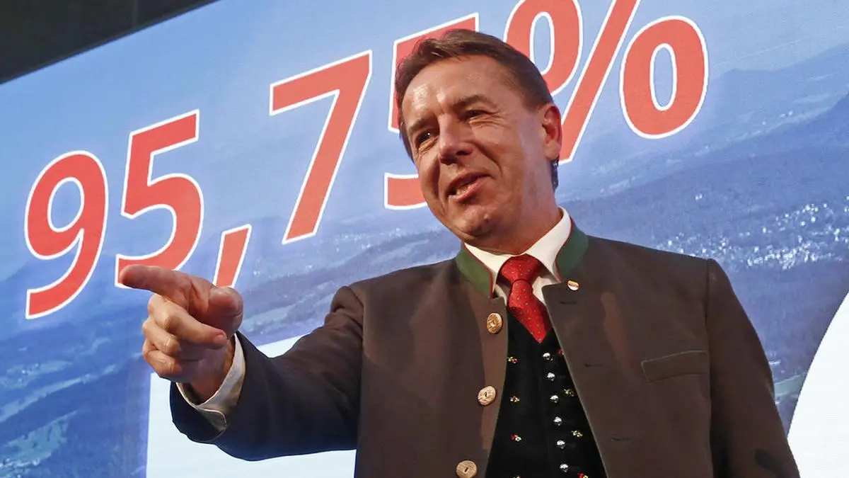 FPÖ-Obmann Erwin Angerer. Die Zahlen im Hintergrund haben mit den Bezügen nichts zu tun - es war sein Wahlergebnis am Parteitag