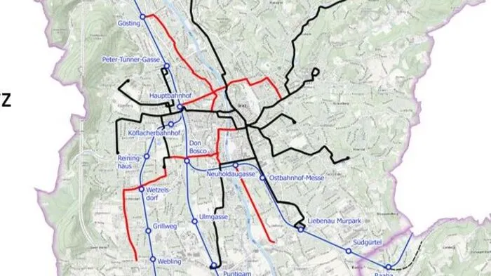 Der Plan zeigt den Tram-Netz bestand (schwarz) und die Ausbaustrecken inklusive dem Paket 2024+ (rot) - inklusive den Linien 2, Südwest und Nordwest, sowie das bestehende Bahn-Netz auf dem die S-Bahn durch Graz rollt, mit verdichteten (Knoten-)Haltestellen.