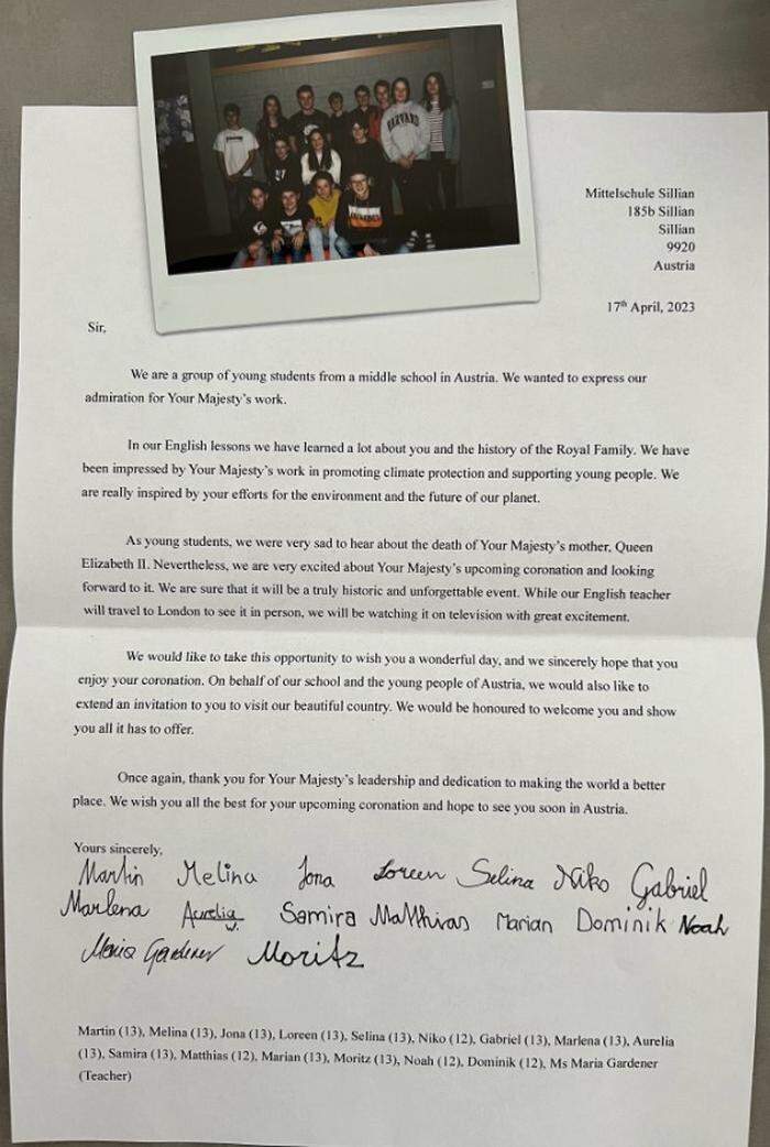 Das ist der Brief samt Foto, den die Schüler an König Charles geschickt haben