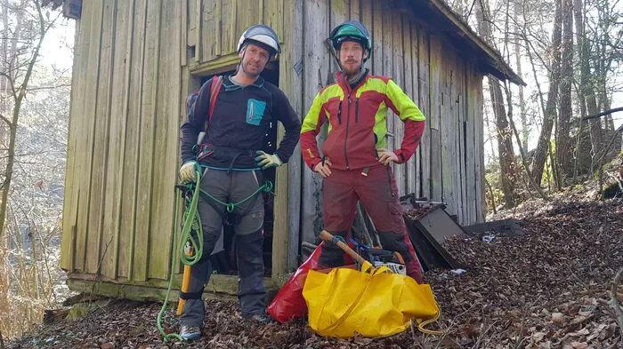 Baumpfleger Robert Leber und Christian Rinner vor den finalen Sanierungsarbeiten