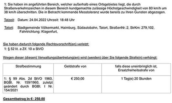 250 Euro sollte ein Pkw-Lenker zahlen, obwohl er das Tempolimit eingehalten hat