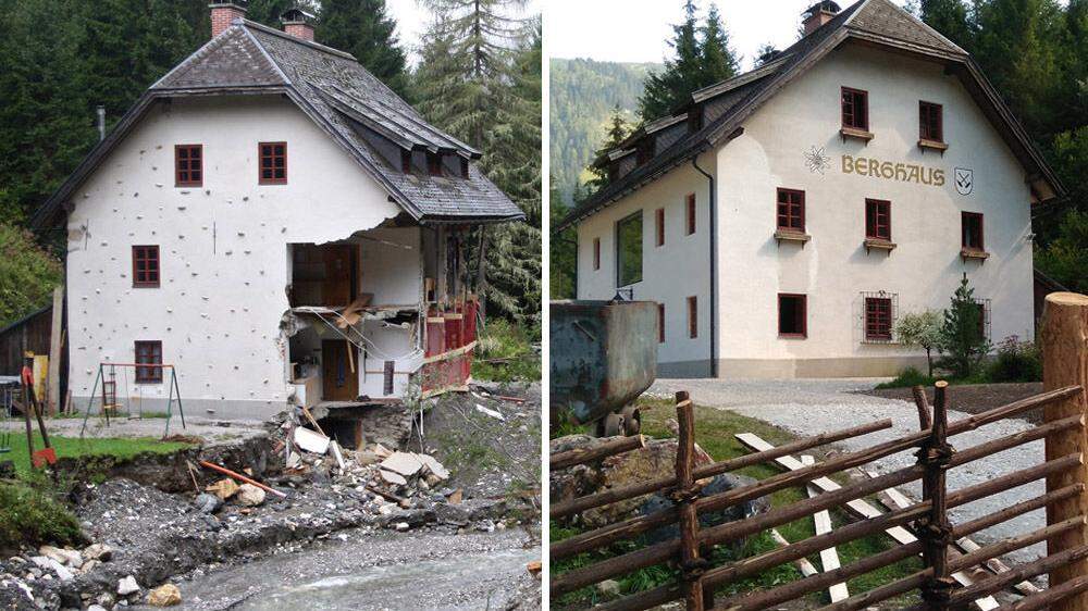 Links: So sah das Haus vor einem Jahr aus. Rechts: Das neu aufgebaute Walchen-Haus