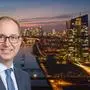 Wolfgang Ules, Vorstandschef der Security KAG, im Hintergrund die Frankfurter Skyline mit EZB-Tower