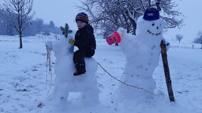 Der kleine Leonhard auf einer "Schneekuh" in Großfeistritz. Weite Teile der Steiermark präsentierten sich auch am Montag strahlend weiß.