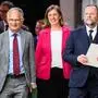 Finanzminister Markus Marterbauer (SPÖ), Staatssekretärin Barbara Eibinger-Miedl (ÖVP) und Staatssekretär Sepp Schellhorn (Neos) 