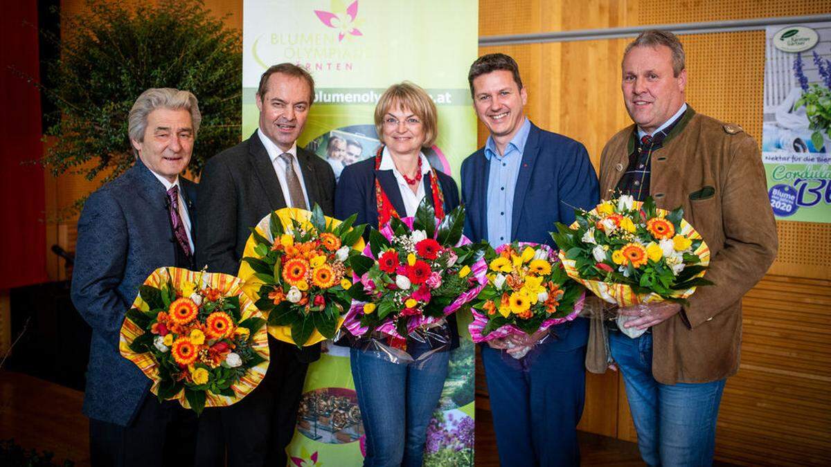 Bernhard Wastl (Obmann Kärntner Gärtner), Johann Mößler (Präsident Landwirtschaftskammer), Schrott-Moser, Landesrat Daniel Fellner, Franz Matschnig (Landwirtschaftskammer)