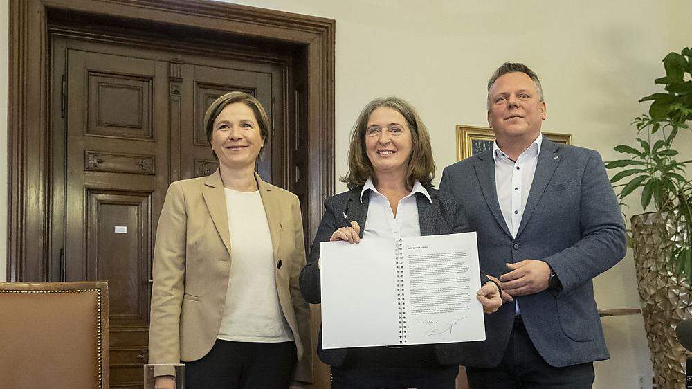 Sie führen die Grazer Koalition: Judith Schwentner (Grüne), Elke Kahr (KPÖ) und Michael Ehmann (SPÖ)