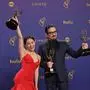 L-R Anna Sawai holds her Emmy for the Outstanding Lead Actress in a Drama Series award and Hiroyuki Sanada holds his Emmy for the Outstanding Lead Actor in a Drama Series award for Shogun ,backstage during the 76th annual Primetime Emmy Awards at the Peacock Theater in Los Angeles on Sunday, September 15, 2024. PUBLICATIONxINxGERxSUIxAUTxHUNxONLY LAP20240915921 CHRISxCHEW