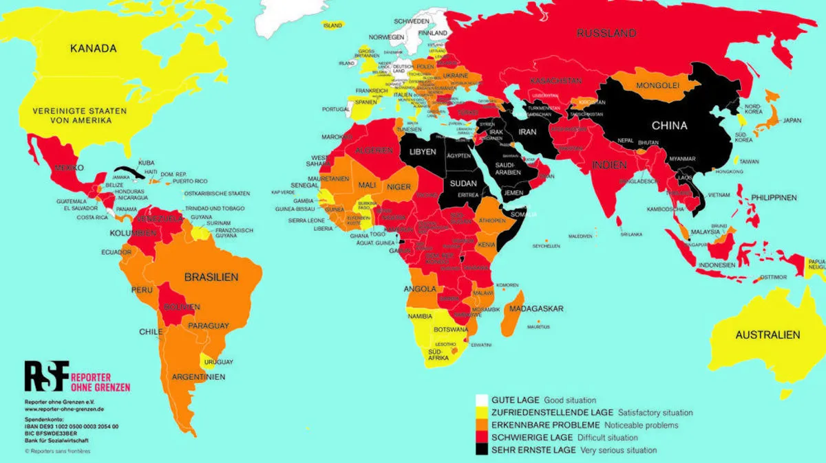 Überblick über die weltweite Pressefreiheit. Je dunkler die Färbung, desto größer ist die Presse-Repression.