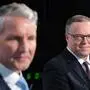 AfD-Frontman Björn Höcke und CDU-Thüringen-Landeschef Mario Voigt im TV-Studio. | Im TV-Duell mit AfD-Frontman Björn Höcke demonstrierte CDU-Landeschef Mario Voigt, wo die Grenze zwischen Konservatismus und Rechtsextremismus verläuft. 