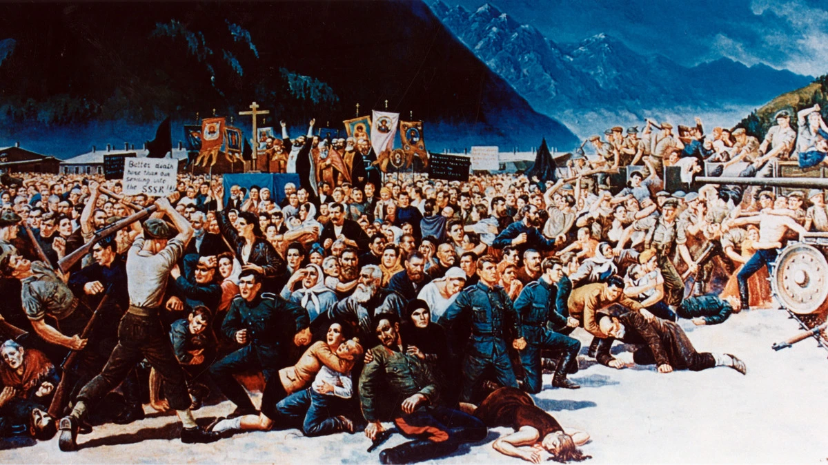 Realistisches Gemälde des Augenzeugen des 1. Juni 1945 in der Lienzer Peggetz Sergey Korolkov, 1957, Titel „Betrayal of the Cossacks at Lienz“ (Verrat an den Kosaken bei Lienz) 