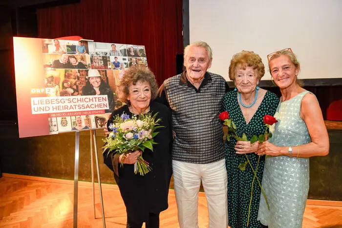 Erfolgreiche Partnersuche: Elizabeth T. Spira, der 95-jährige Fredi, die 96-jährige Wienerin Rosa-Maria, Kathrin Zechner (ORF)