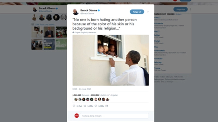 Ex-US-Präsident Barak Obama sorgt mit einem Tweet für Aufsehen, in dem er Rassismus und rechte Gewalt bei der Demo in Charlottesville verurteilt. Mit einem Foto seines Fotografens im Weißen Haus, Pete Souza, zitiert er Nelson Mandela. Donnerstagmorgen gab es dafür bereits vier Millionen Likes - ein neuer Twitter-Rekord.