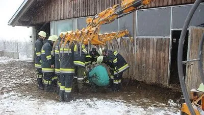 Mittels eines Krans konnte das Kalb aus der Güllegrube gerettet werden