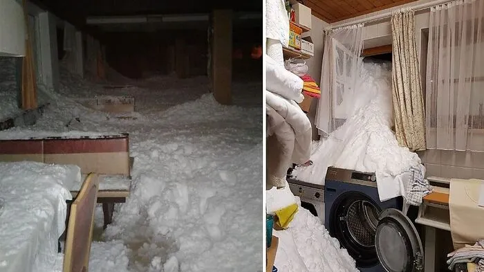 Bild links: Schnee im Speisesaal. Rechts: Lawine kam bei zahlreichen Fenstern herein