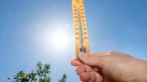 Das Bild zeigt ein Thermometer mit Blick auf die Sonne.